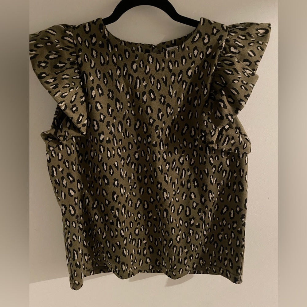 THML Olive Green Leopard Print Ruffle Sleeve Blouse